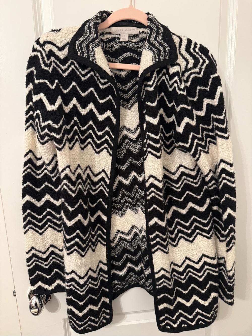 Laura Ashley Wool Blend Chevron Zigzag Open Front Cardigan Sweater M